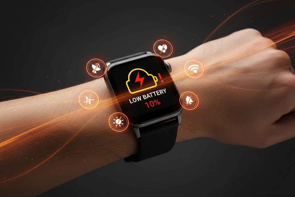 Smartwatch displaying a low battery icon with surrounding feature icons being disabled, illustrating 7 tips to extend wearable battery life